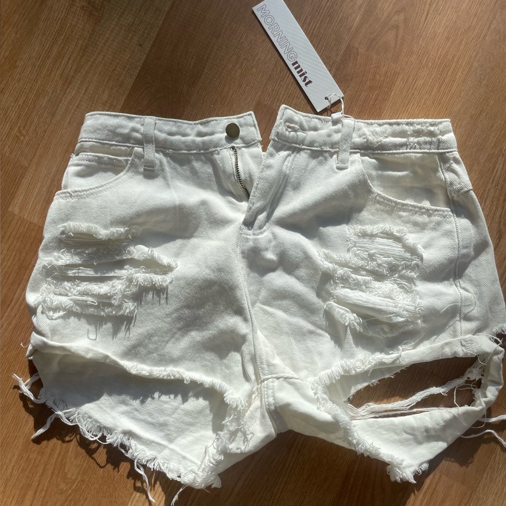 MorningMist White Ripped Jean Shorts